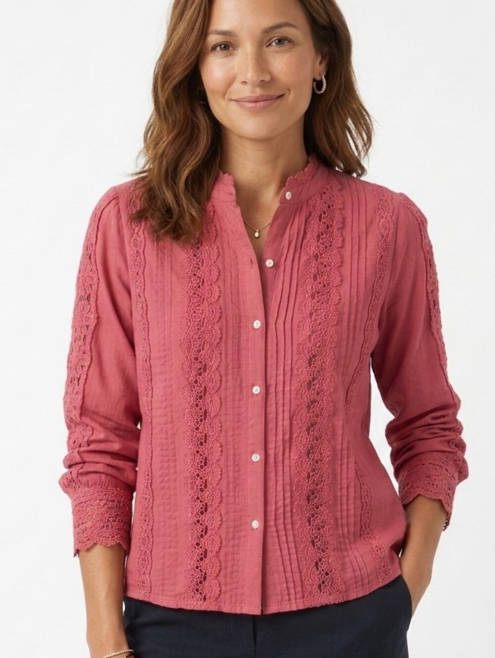 Jennifer & Grace Rosewood Pink Cotton Crochet Lace Pintuck Peasant Top Medium